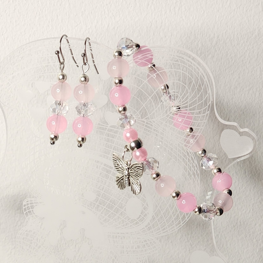 Butterfly Crystal Beaded Stretch Bracelet & Earrings Set Handmade